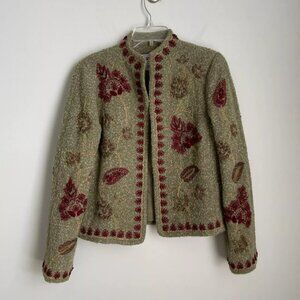 Carlisle Green Alpaca Wool Blend Embroidered Open Front Jacket